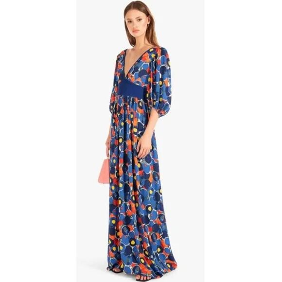 STAUD Affogato Maxi Dress V-Neck Balloon Sleeve Fruit Print Belted, Blue NWT - Picture 6 of 16